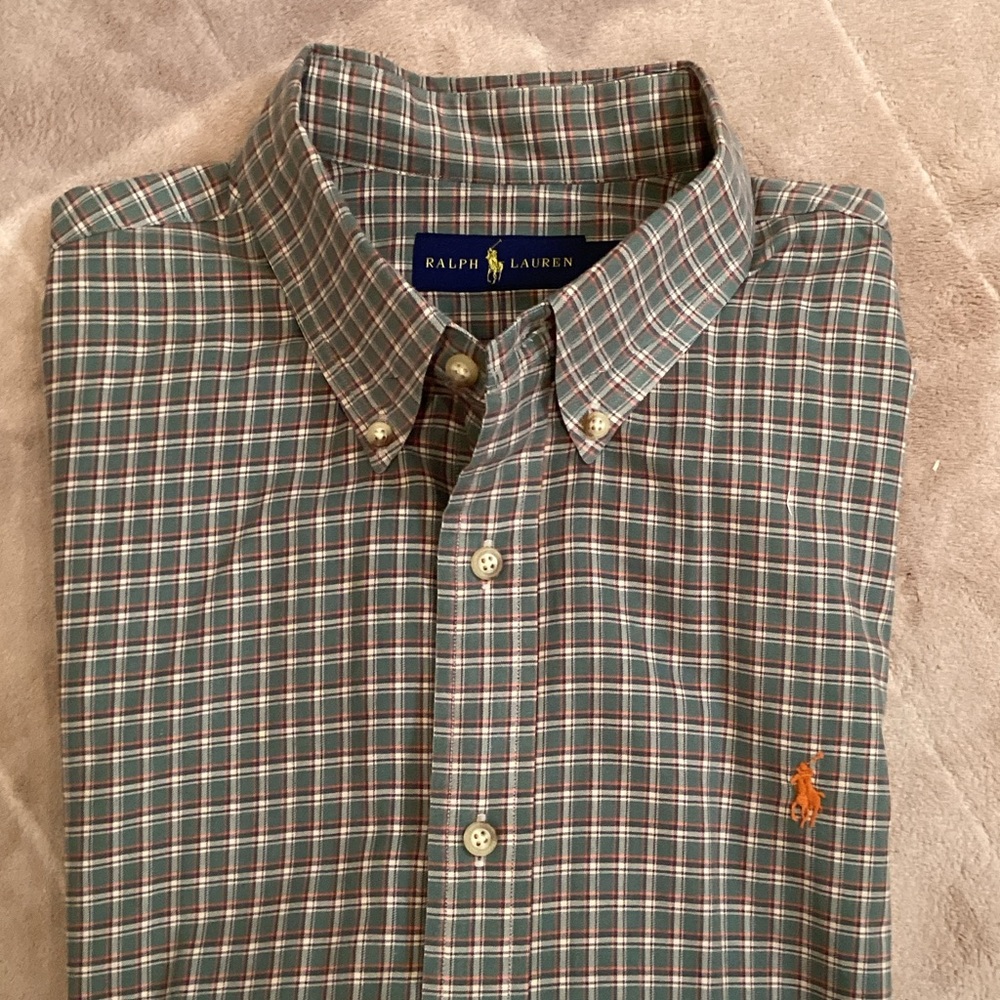Ralph Lauren Men's XL Green and Cream Plaid Shirt
